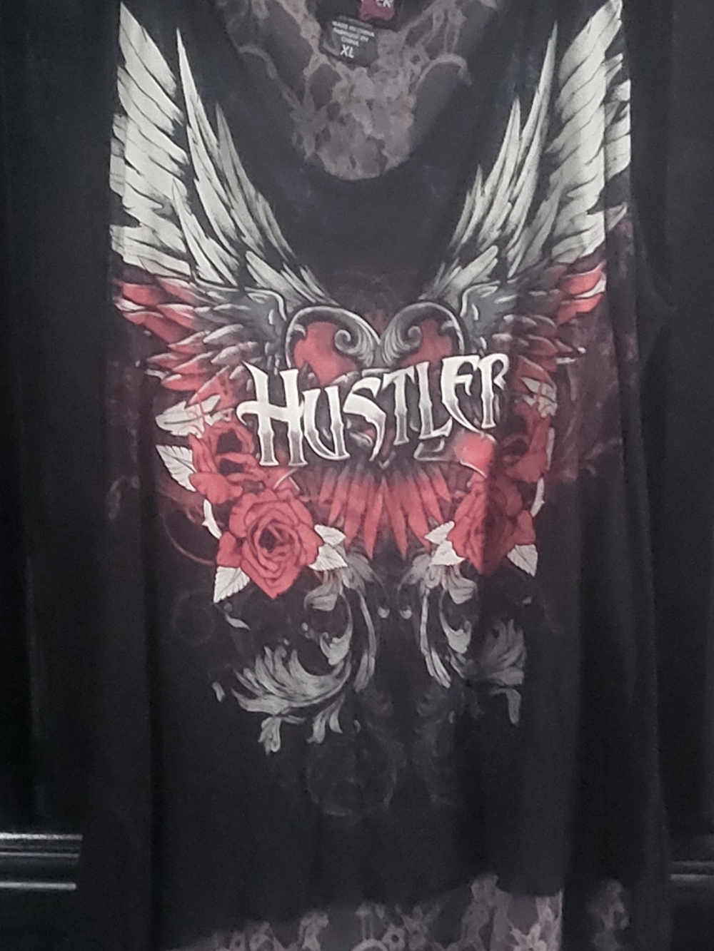 Layer Lace Tank Top with Red Rose & Wing Graphic
